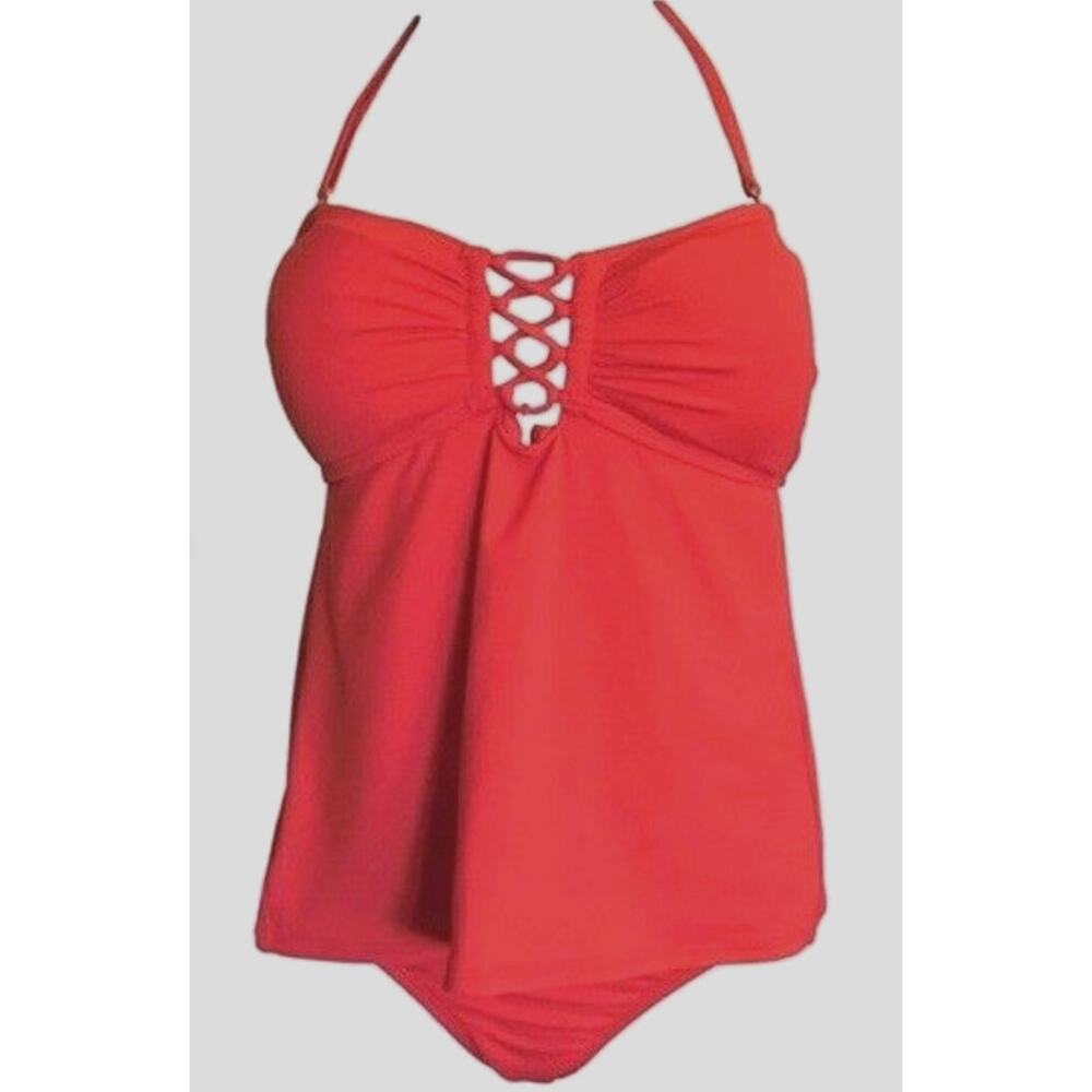 Michael Kors Red Halter Tankini with Lattice Front Detail